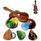 MYLYWOO Guitar Pick Holder with Guitar Picks Guitar Keychain Wooden Home Decor Statues car mirror decor hanging Guitar gifts 