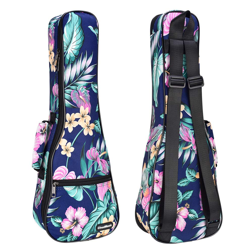CLOUDMUSIC Ukulele Case Gig Bag Padded Backpack For Soprano 21" Inch(soprano,Hawaii Hibiscus In Dark Blue)