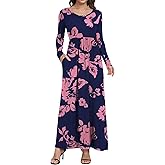 HAOMEILI Women's Casual Loose Long Dress Long Sleeve Floral Print Maxi Dresses with Pockets 3XL Pink FL Navy