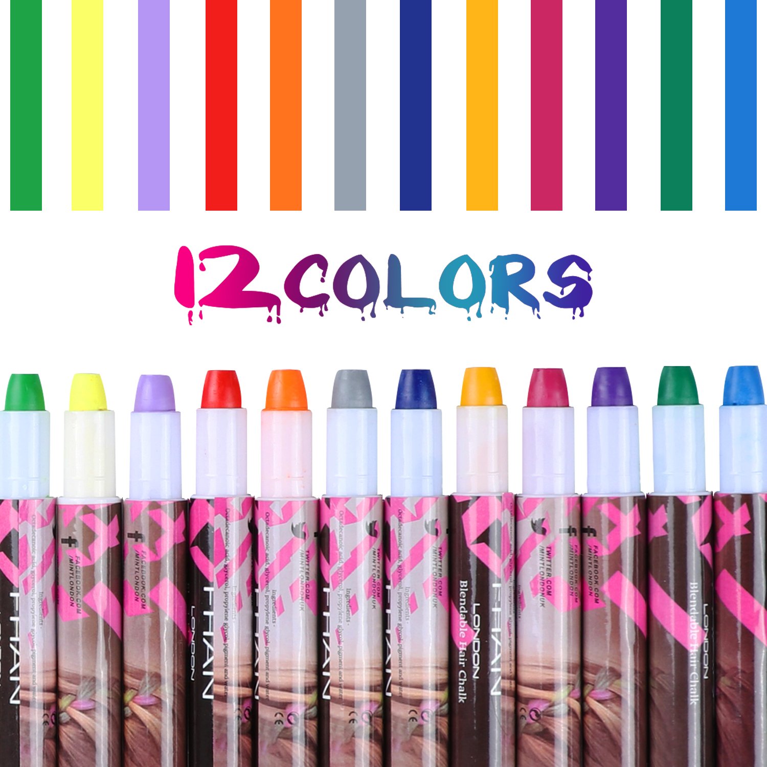 Temporary Bright Hair Chalk Set - XIAO MO GU 12 Colorful Hair Chalk Pens for All Hair Colors- Non-Toxic Portable Hair Coloring Chalk for Girls, Great Christmas Birthday Gifts Present for Girls