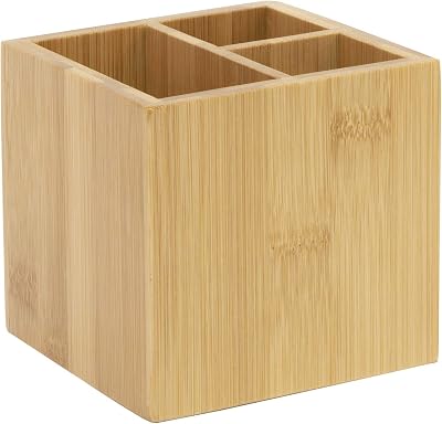Osco MOSO Bamboo Square Pen Pot 3 Compartments Desk Organizer Natural Wood