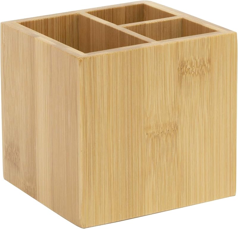 Osco MOSO Bamboo Square Pen Pot 3 Compartments Desk Organizer Natural Wood
