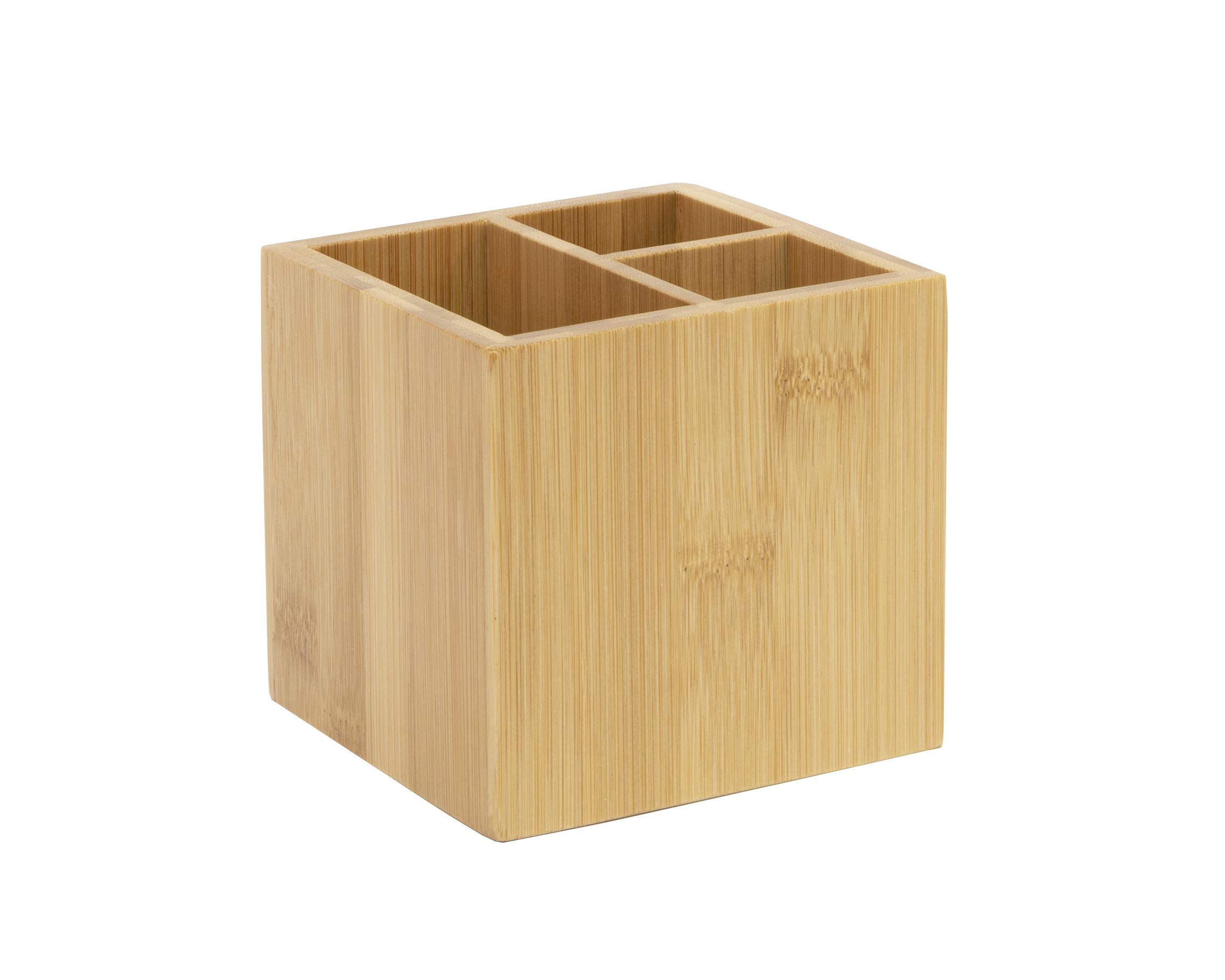 OSCO Bamboo Square Pen Pot with 3 Compartments – Natural Sustainable MOSO Bamboo Desk Organiser & Makeup Brush Holder – Wood Pencil Cup for Office, Home, Vanity – H10×W10.5×D10.5 cm, Single