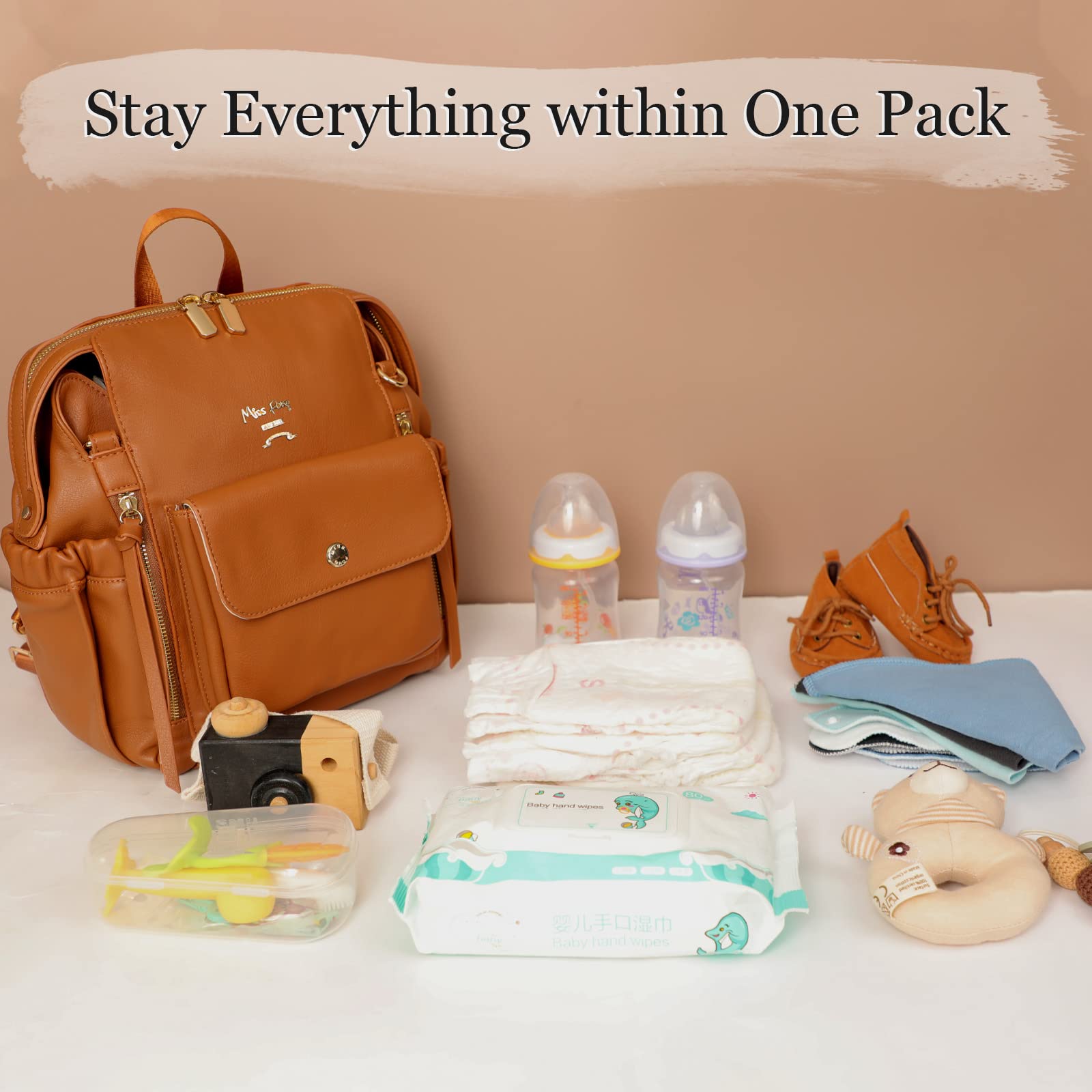 miss fong Small Diaper Bag, Mini Dackpack Leather Diaper Bag Backpack with 12 Diaper Bag Organizer, Insulated Pocket, 2 Insulated Pockets (Brown)