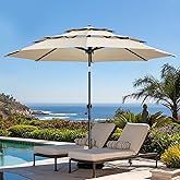 wikiwiki 9 FT Patio Umbrellas 3-Tiers Outdoor Table Market Umbrella with Push Button Tilt/Crank, Fade Resistant Waterproof POLYESTER DTY Canopy for Garden, Lawn, Deck, Backyard & Pool, Cream
