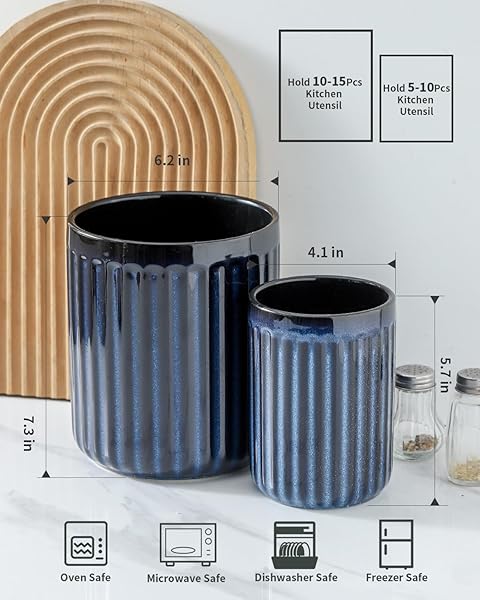 HASENSE KITCHEN UTENSIL HOLDER,7.3″ + 5.7″ COOKING UTENSIL HOLDER FOR KITCHEN COUNTER, LARGE UTENSIL CROCK FOR FARMHOUSE DECOR, UTENSIL STORAGE ORGANIZER FOR SPATULA, SET OF 2, NAVY BLUE