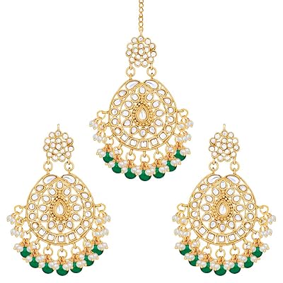 Aheli Bollywood Inspired Faux Kundan Beaded Earrings Maang Tikka Set Indian Traditional Jewelry