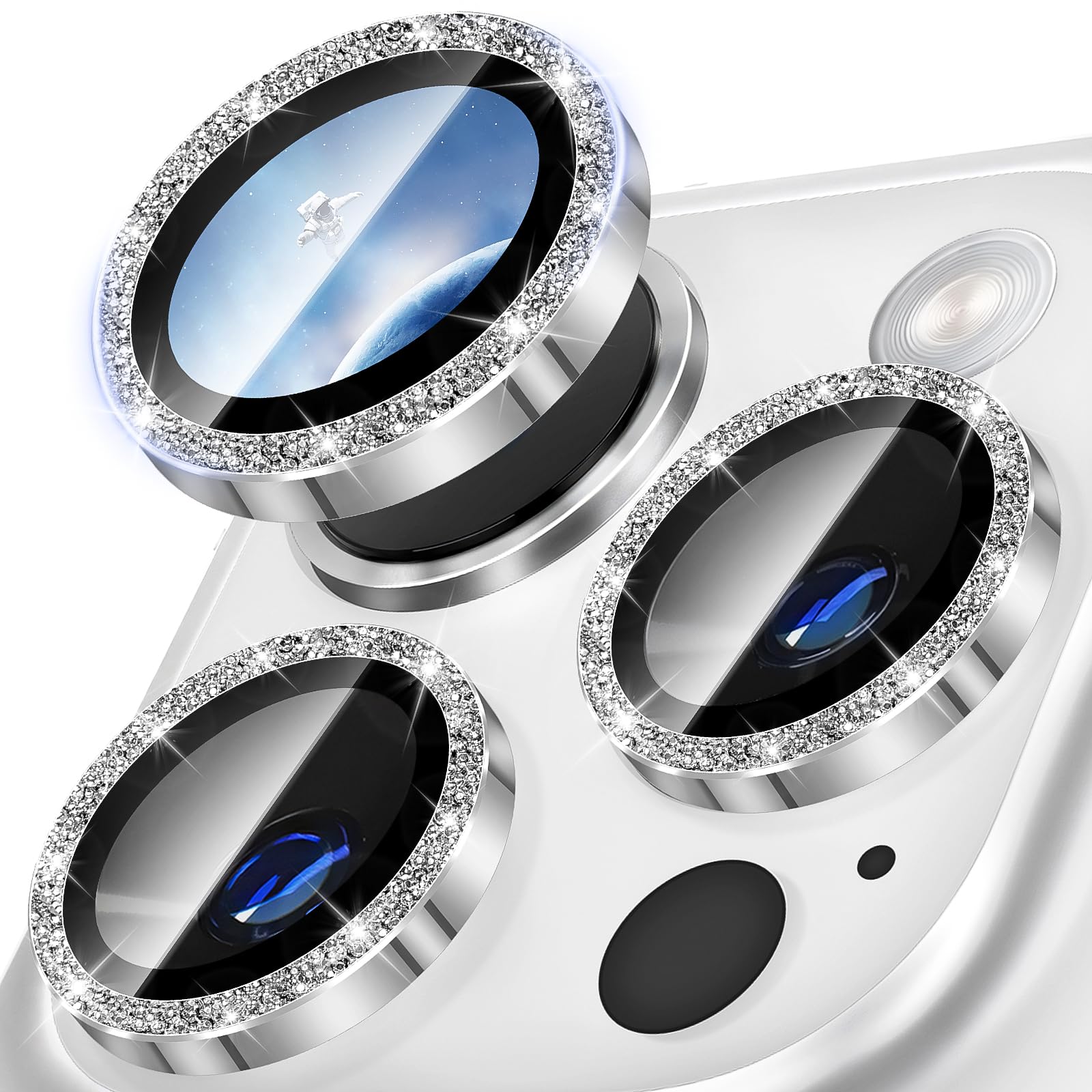 Diruite Camera Protector for iPhone 16 Pro/16 Pro Max Camera Lens protector,Glitter Decoration HD Tempering Glass+Aluminum Rim Lens Cover,White Titanium