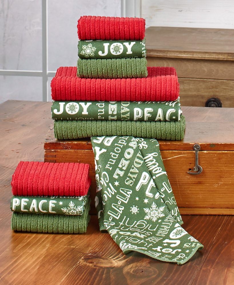 Early Holiday. 10 Piece Kitchen Towel and Dishcloth Set. Microfiber Winter and Christmas Theme-"Holiday"