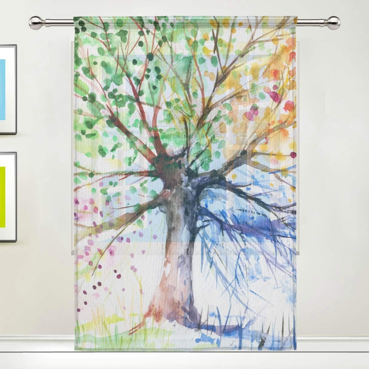 Sheer Curtains Colorful Ethnic Tree of Life Rod Pocket Sheer Voile Window Curtain Panels for Bedroom & Living Room, 55 x 78 Inch-1 Piece