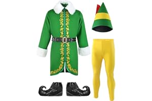 Wabolay Elf Costume Men Christmas Outfit Adult 5pcs Deluxe Suit Santa Couple Cosplay Holiday Halloween Xmas Party Set