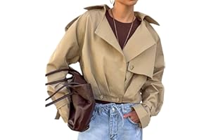 Bloepum Female Cropped Trench Coat Lapel Long Sleeve Button Down Crop Jacket Double Breasted Coat Khaki S