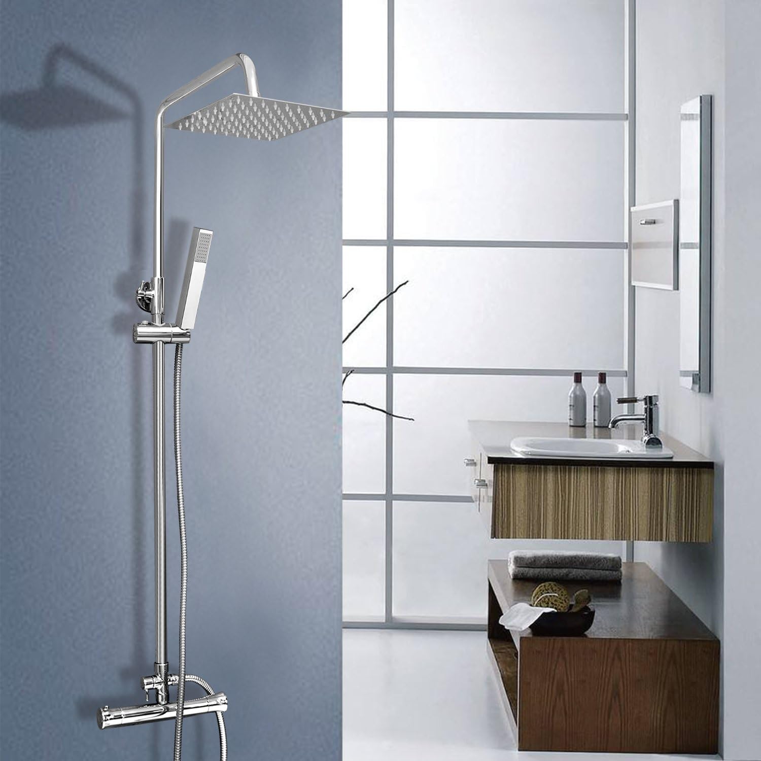 Vesuvio Inga Thermostatic Stainless Steel Mixer Shower Set | Modern Ultra thin 8" Square Rain Shower Head + Hand Held Shower