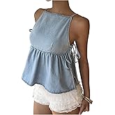 SHENHE Women's Tie Side Denim Tank Top Y2k Sleeveless Ruffle Peplum Jean Cami Babydoll Top