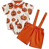 KtwHarnu Infant Baby Boy Halloween Outfit Pumpkin Button Down Short Sleeve Bowtie Shirt Romper and Suspender Shorts Set