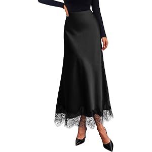BTFBM Lace Trim Satin Skirts for Women Elegant | Lightweight, High Waist, A-Line, Flowy Maxi Skirt, Wedding, Cocktail, Gradua
