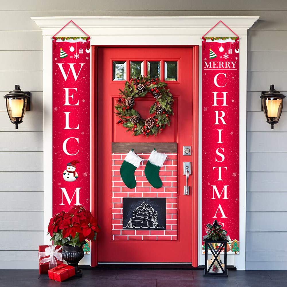 Welcome Merry Christmas Hanging Sign Banner, Christmas Porch Sign, Christmas Outdoor Indoor Decoration for Front Door Home Office