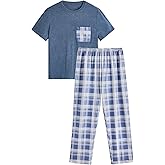 Verdusa Men's 2 Piece Loungewear Pajama Set Plaid Print Short Sleeve Tee Top and Pants Set