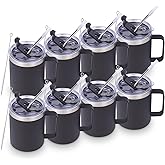 Volhoply 12oz Insulated Leakproof Coffee Mug with Flip & Straw Lid Bulk 8 Pack,Double Wall Vacuum Stainless Steel Travel Tumbler Cup with Handle,Reusable Camping Keep Cold/Hot(Black,8 Set)