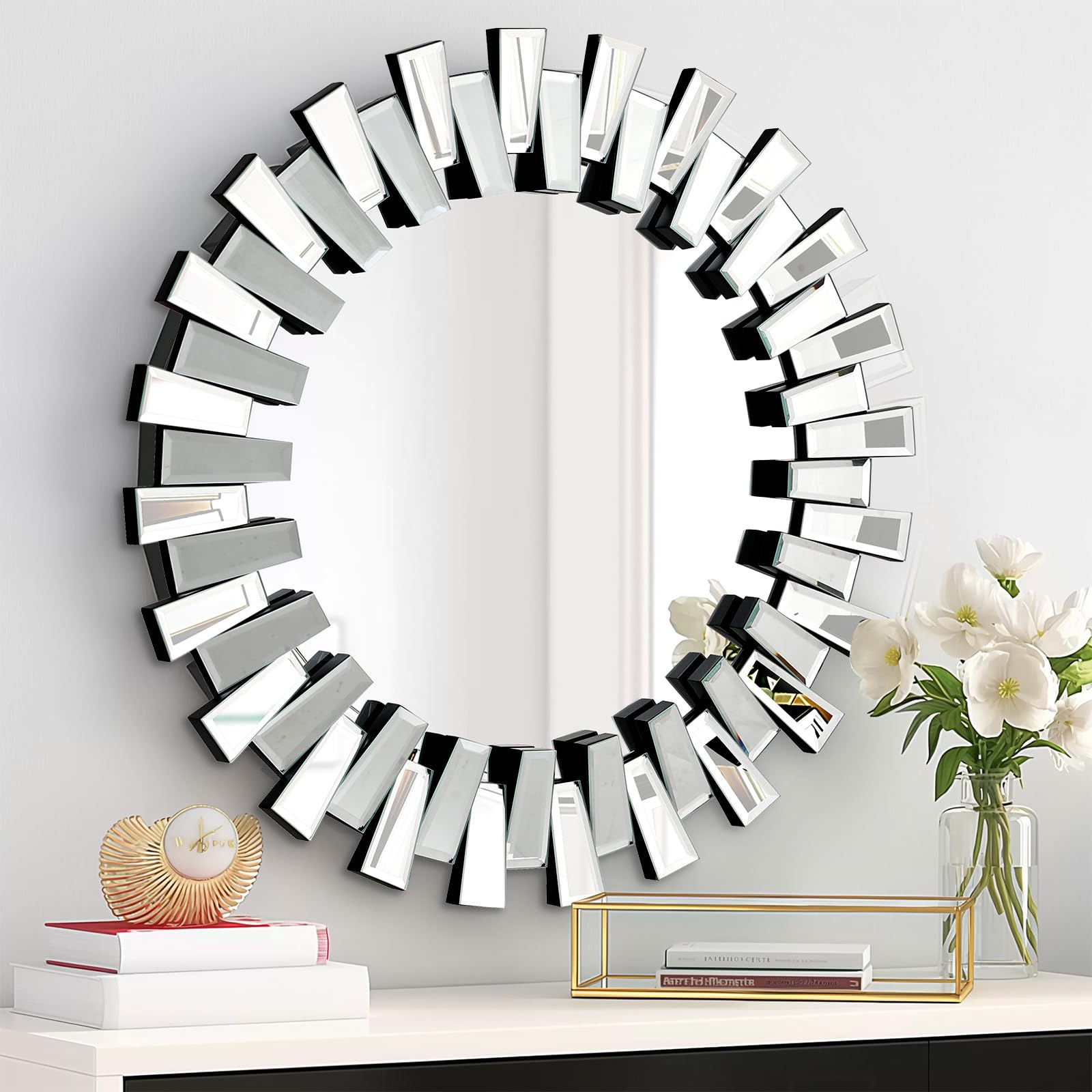 Photo 1 of QDSSDECO Round Mirror Sunburst Wall Mirror 24" Beveled Edge Frameless for Living Room Bathroom Bedroom Entryway Decor