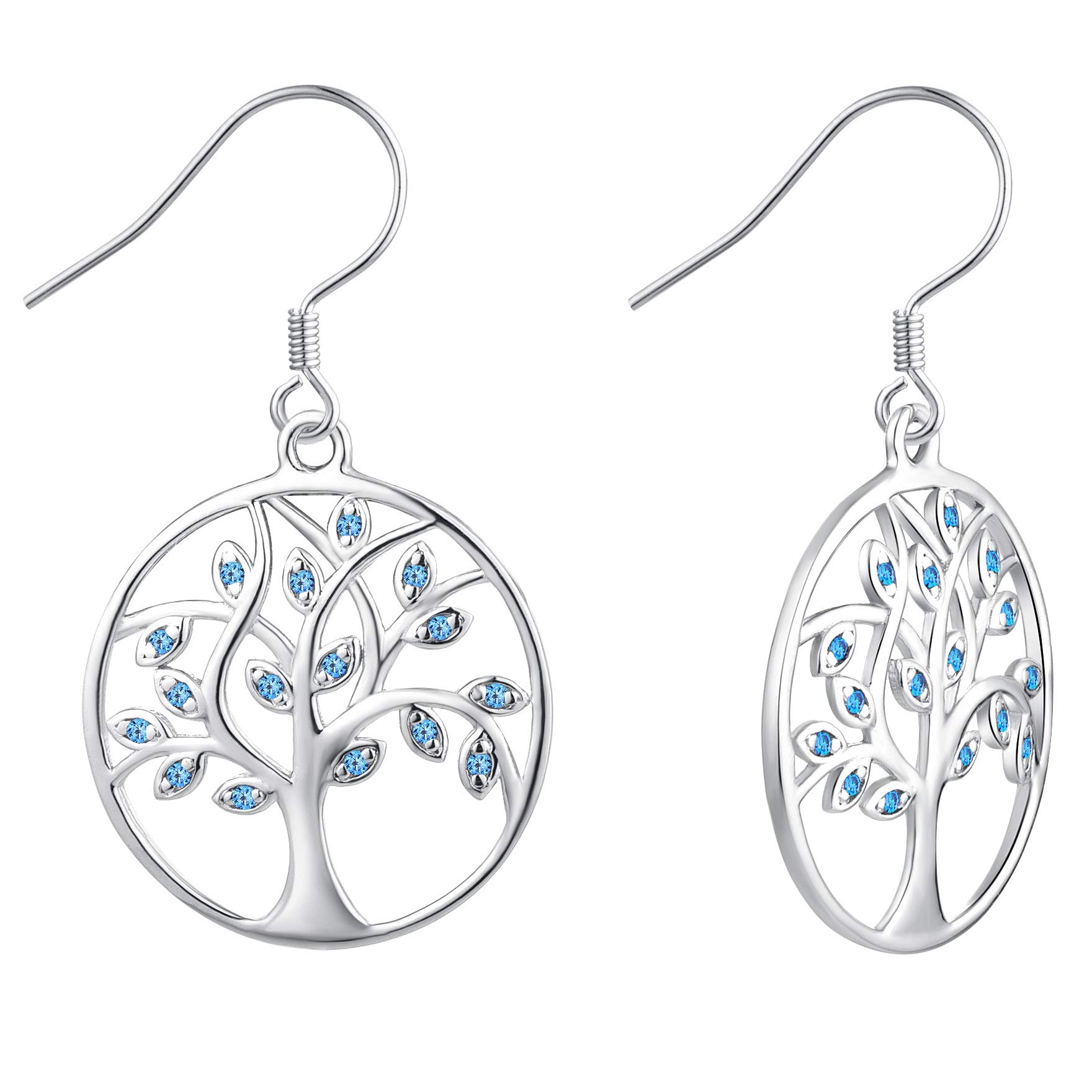 YL Tree of Life Earrings 925 Sterling Silver Aquamarine Blue Cubic Zirconia Family Tree Dangle Earrings