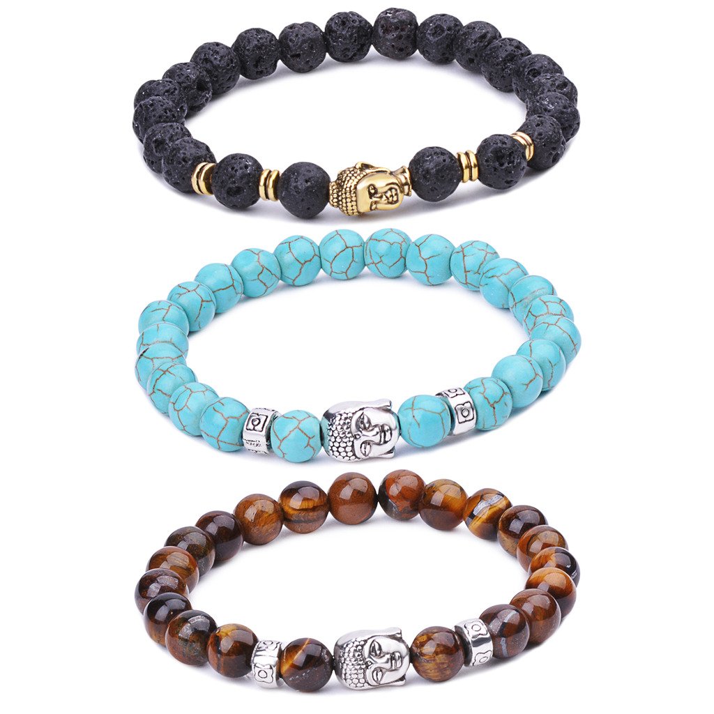 Unendlich U Infinite U Alloy Lava Stone Stretch Bracelet for Men Women 9mm Buddha Beads Great for Yoga Meditation Brown/Blue/Black, 18cm, Rubber, Stone-Free, 18 cm, Rubber, without stone