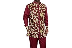 SEA&ALP African Dashiki Suit for Men Kente Print Long Sleeve Outfit Clothing Shirts and Pants 2 Piece Traditional Attire