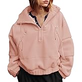 Fisoew Womens Half Zip Fleece Hoodies Pullovers Oversized V Neck Sweatshirts Long Sleeve Hooded Tops with Pockets
