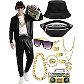 VillbeCoser 80s 90s Outfit for Men Tracksuit Costume, Hip Hop Hat Fanny Pack Ring Bracelet Gold Chain Rapper Sportswear