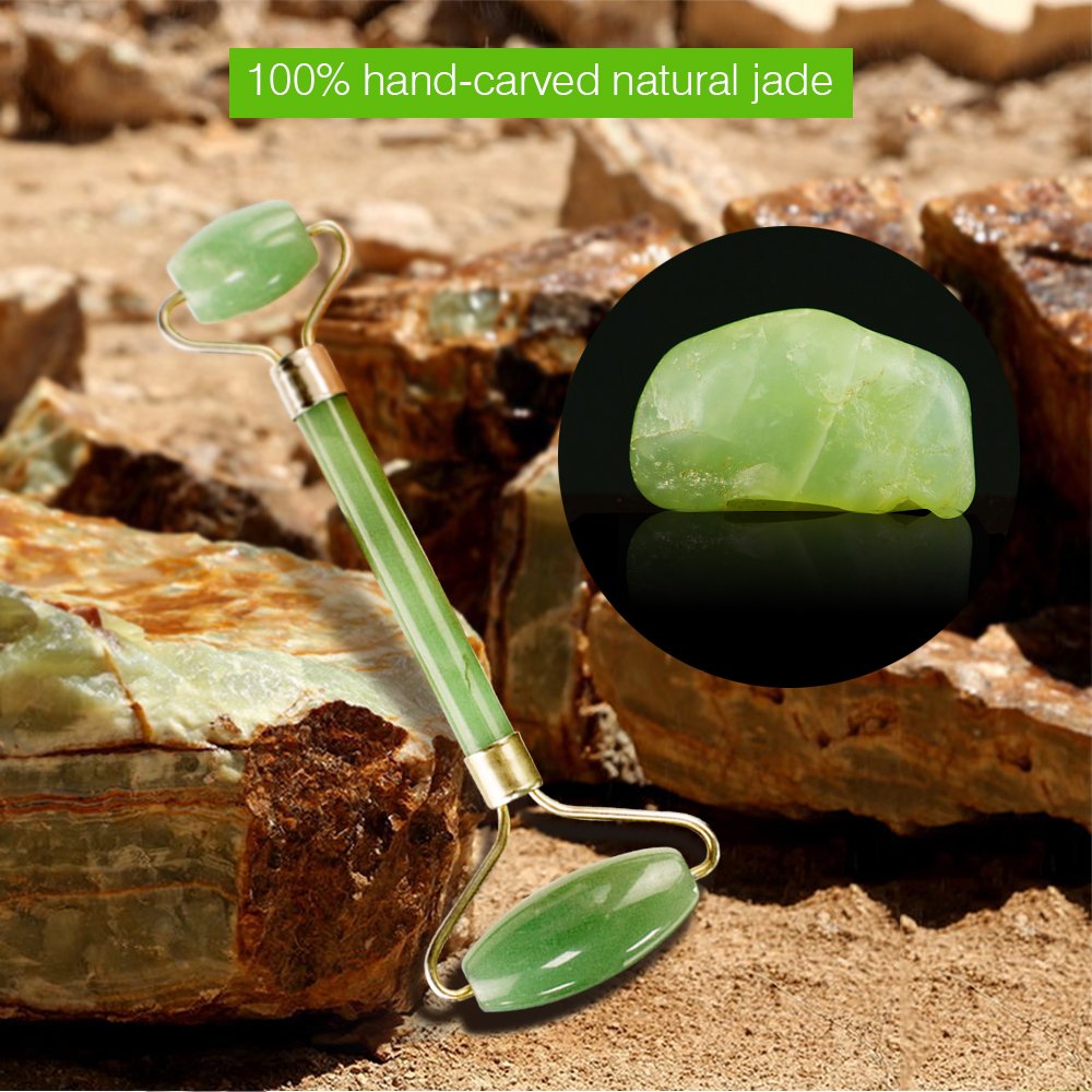 HENZIN Jade Roller - 100% Natural Jade Stone Anti-Aging Facial Therapy, Handmade, Anti Wrinkle and Skin Rejuvenate Face Massager - Green