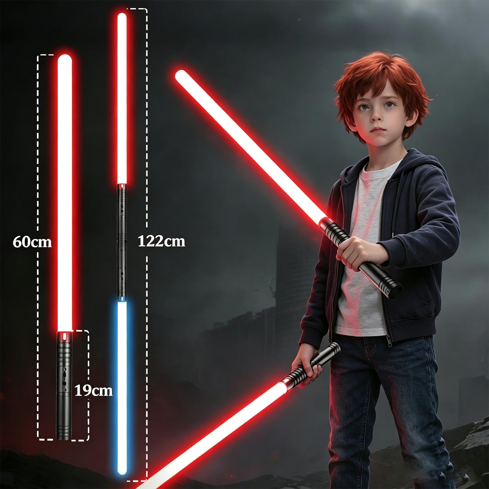 Airmsa Laserschwert Kinder, Lichtschwert RGB 15 Farben, USB wiederaufladbare Licht Schwert mit FX Sound, Lichtschwert Schwert Spielzeug für Kinder, Halloween, Galaxy Krieg Kämpfer Cosplay (60cm 2PC) 5