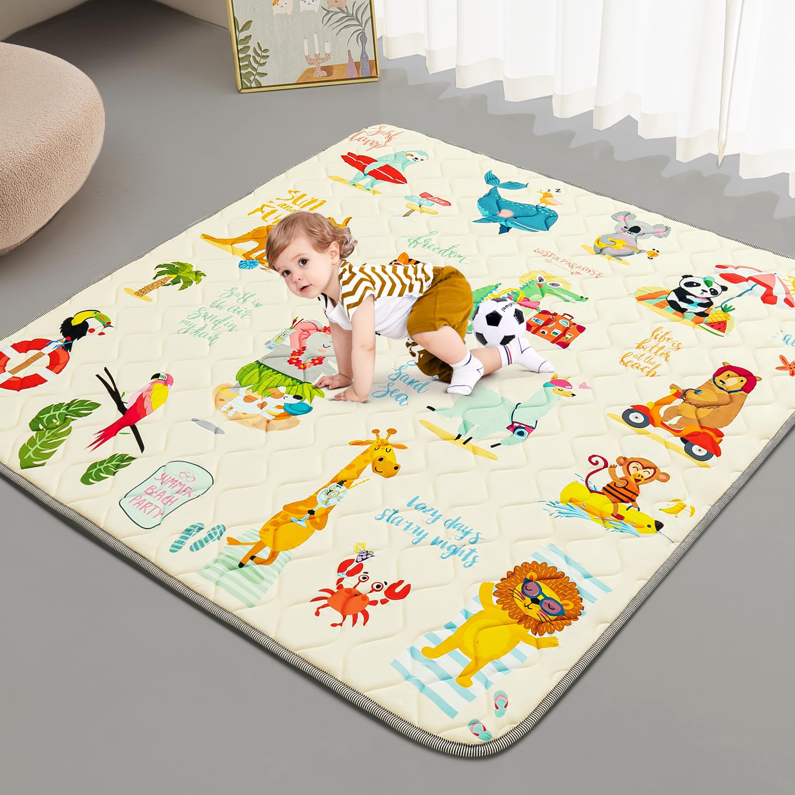 Photo 1 of TreeBud Baby Play Mat - Thicken 50x50 Inch Soft Foam Crawling Mat for Playpen & Floor, Non-Slip Waterproof Playmats for Infants & Toddlers, Portable Foldable & Machine Washable, Beach Animals