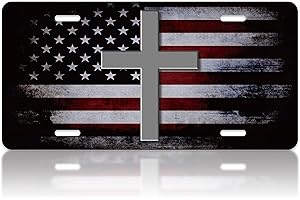 LOISTAVA American Flag Jesus Cross Car Front License Plate Christian Personalise License Plate Stainless Steel Car Plates Tag Novelty Vanity Tag Decorative 4 Holes