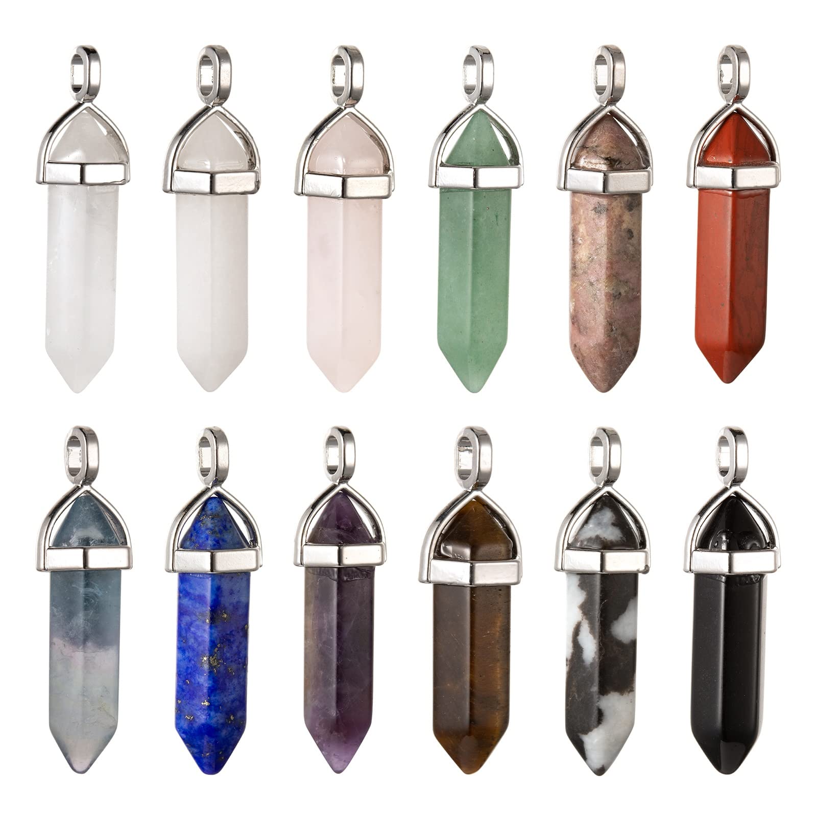 BEEFLYING 12 Pcs Bullet Shape Gemstone Pendant Charms Natural Stone Hexagonal Pendants Crystal Pendants for Jewelry Making Crafts Supplies