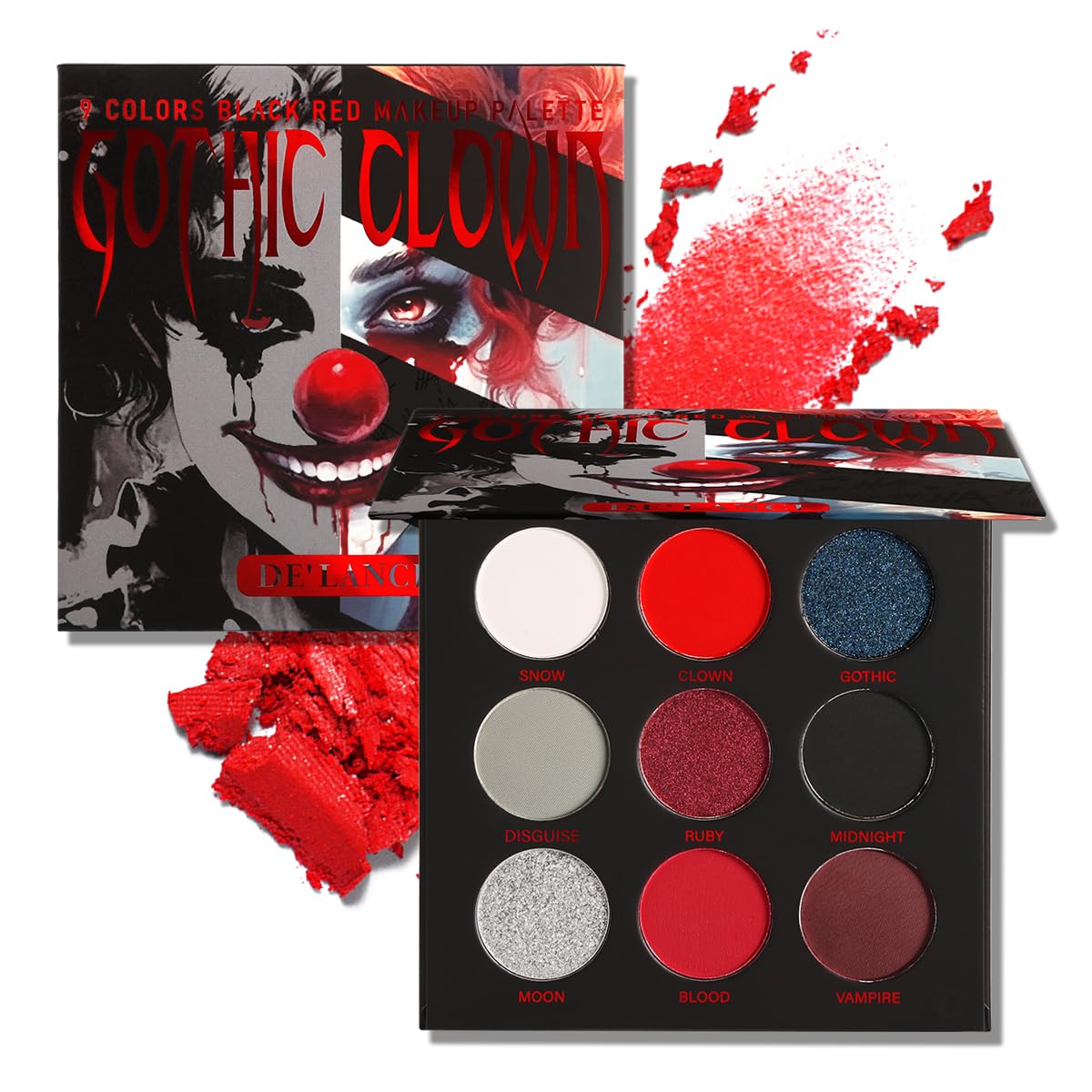 Afflano Black Red Eyeshadow Palette Goth Clown Halloween Makeup, White Silver Glitter Metallic Red Black Eyeshadow Palette Highly Pigmented, Joker Zombie Christmas True red Smoky Eye Makeup