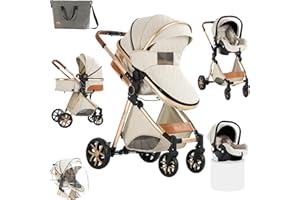 Sianldcone 3 in 1 Baby Stroller Travel System Combo Set, Reversible Convertible Infant Stroller with One-Click Folding, Toddler Newborn Pram Carriage with Aluminum Frame (MGV9-WHITE Without Base)