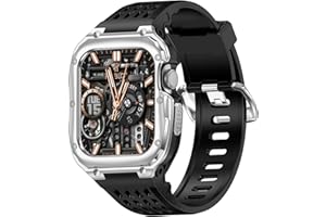 MOFREE Stainless Steel Case with Band Compatible with Apple Watch Band 45mm 44mm, Men Rugged TPU Sport Strap with Metal Protector Bumper Case for iWatch Bands Series 9/8/SE2/7/6/SE/5/4