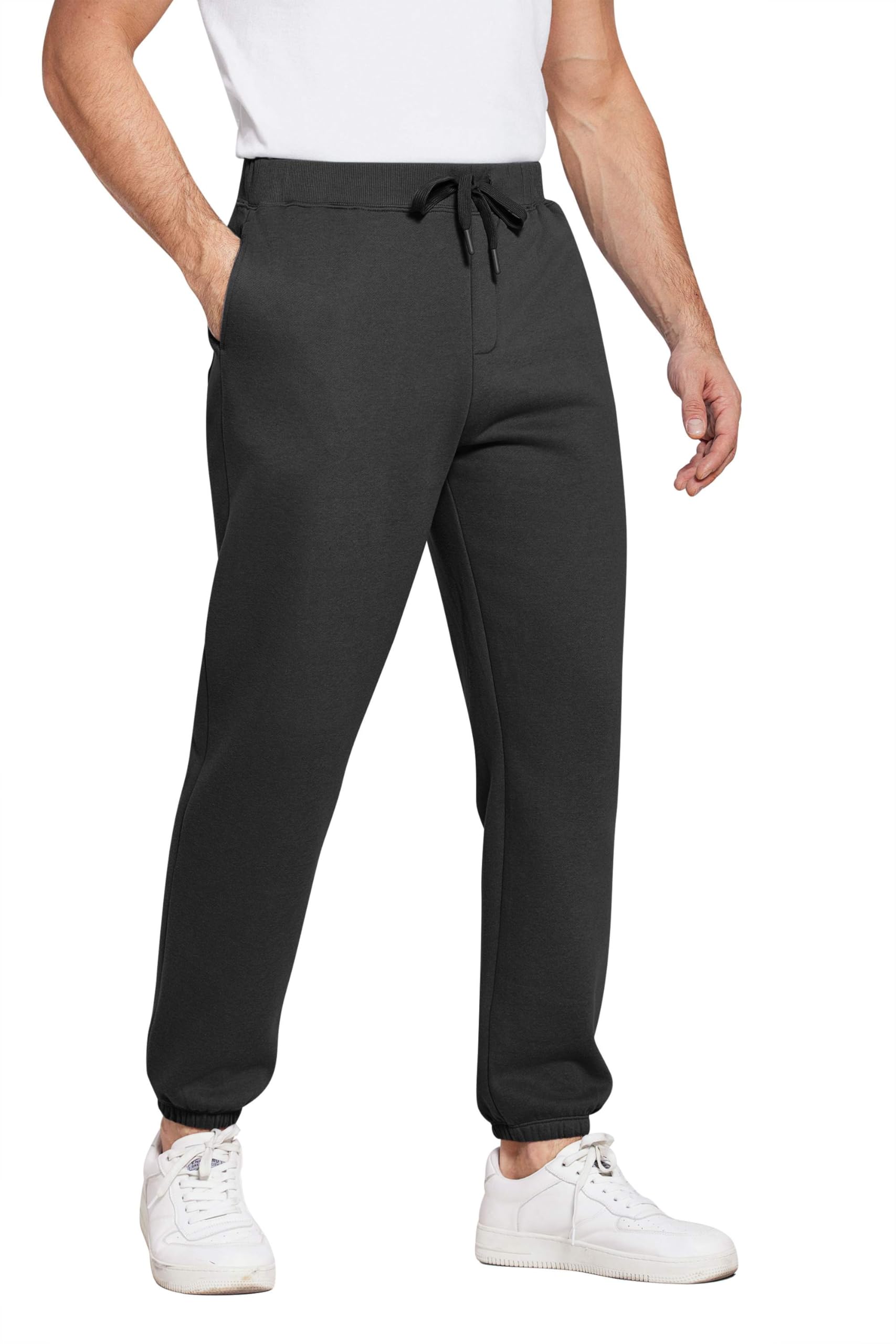 PINSPARK Men's Fleece Cotton Cuffed Sweatpants Elastic Waist Joggers Pants with Drawstring Heavyweight Warm Sweat Pants Black