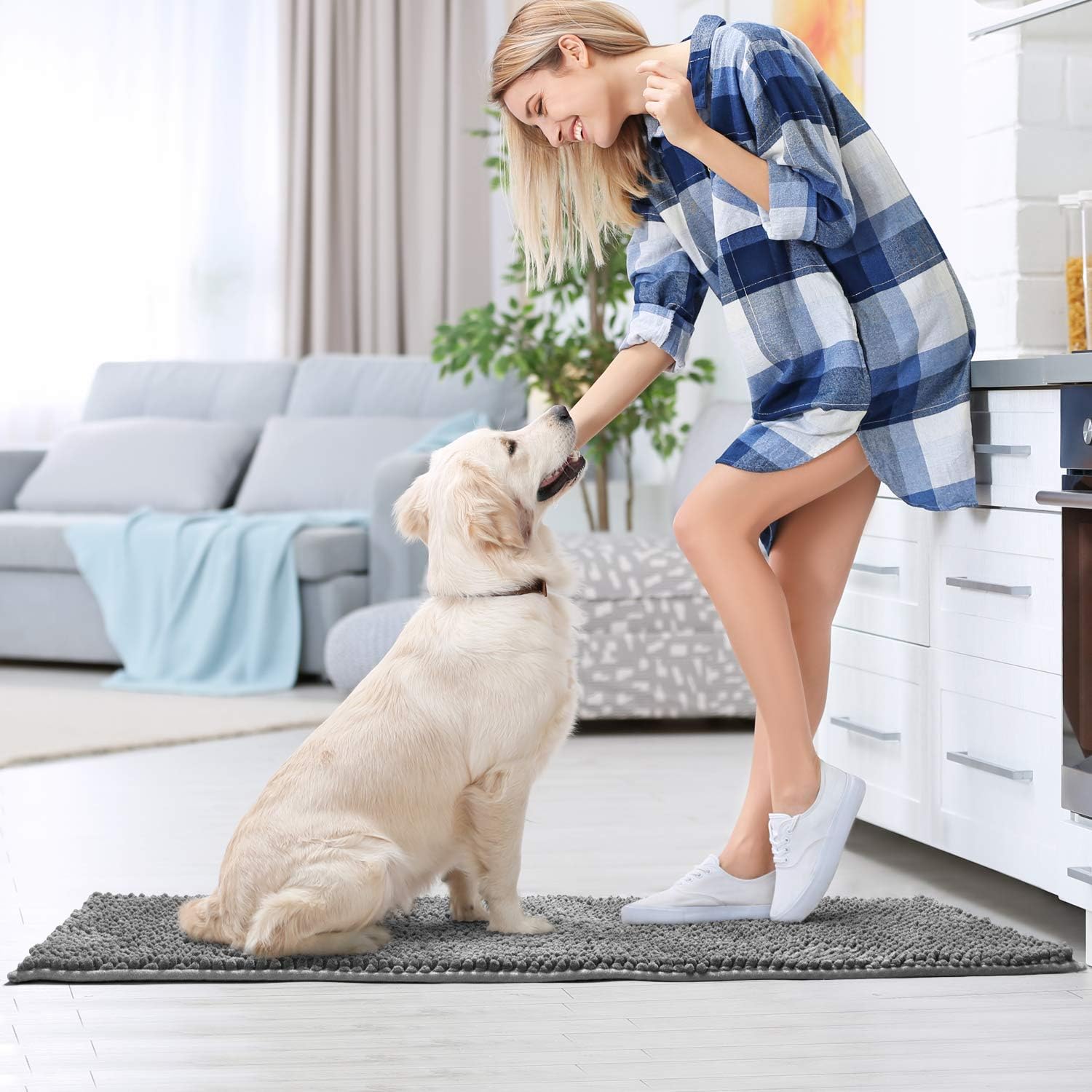 Pretigo Kitchen Rug Sets - Rugs for Kitchen Floor Washable, Non-Slip Soft Kitchen Mat Set, Chenille Microfiber Material, Super Absorbent 17”×48” + 17”×24” (Grey): Kitchen & Dining