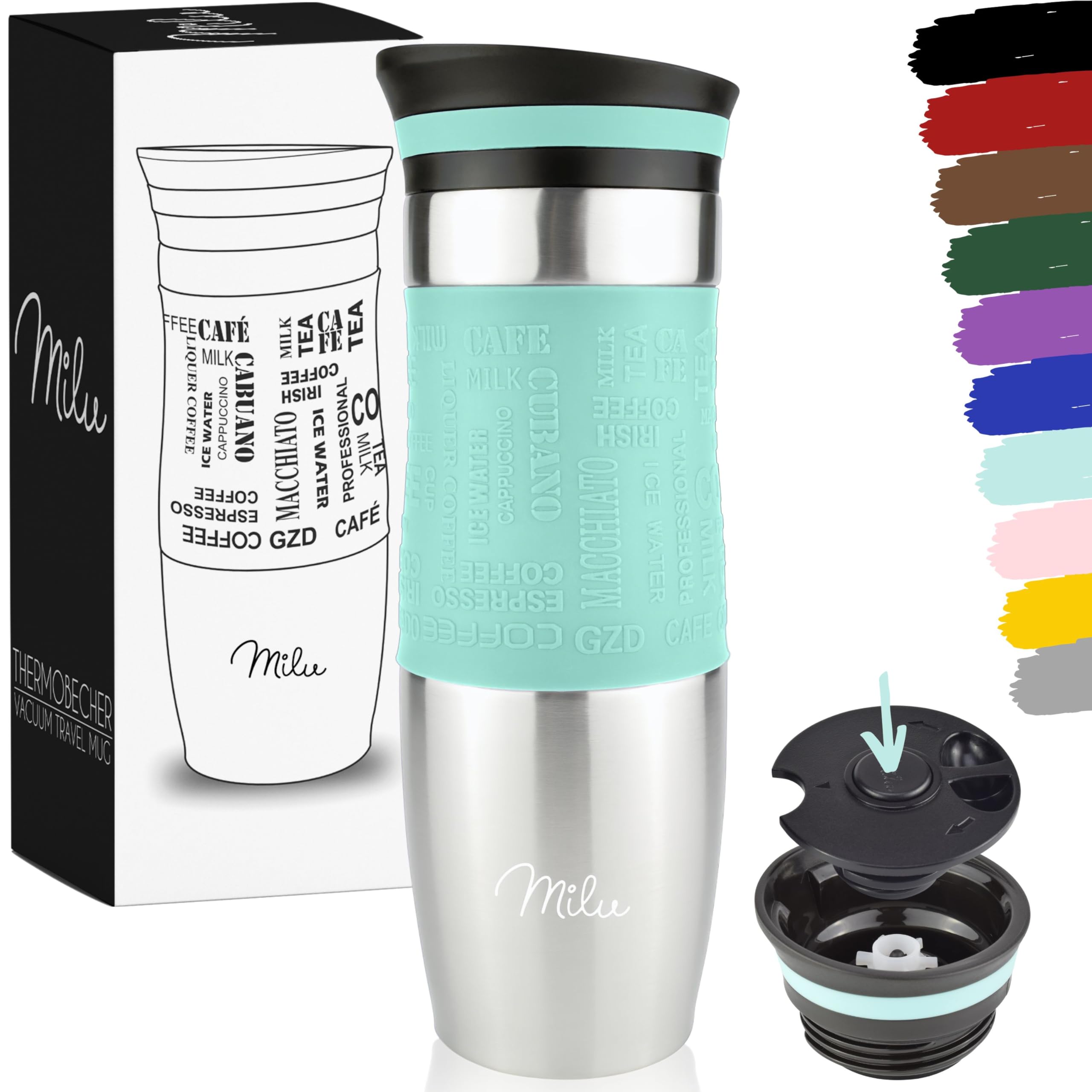 Milu Travel Mug 370ml 450ml - Insulated Coffee Cup to go - 100% Leak Proof - Stainless Steel Drinking Mug - Car Mug Double Wall Insulation Thermo Coffee Flask (Teal, 450ml) — image 1