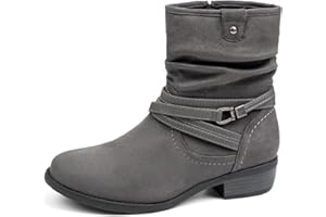 VJH confort Women's Mid Calf Boot,Round Toe Low Heel Comfort Slouchy Bootie with Side Zipper Buckle Strap