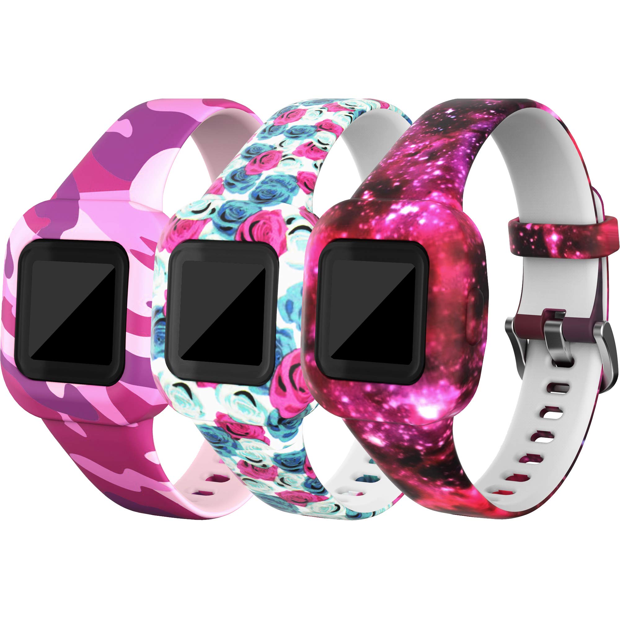 TenCloud Straps Compatible with Garmin Vivofit jr.3 Strap, (3-Pack) Replacement Soft Silicone Wristband Pattern Floral Band Armbands for Kids 4+ for Vivofit jr.3 Fitness Tracker (3D)