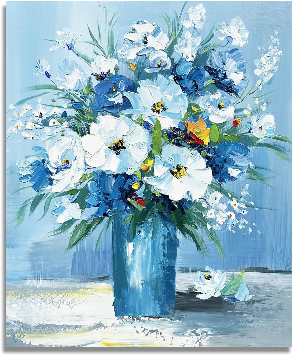 Paintings - Muzagroo Art Blue Flowers in Vase Original Wall Art for Dining Room Hand Painted Oil Painting with Raised Texture on Canvas Wall Art for Bedroom Living Room Wall Décor Ready to Hang