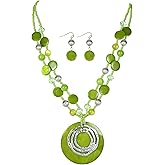 Rosslyons Multilayered Strand Statement Necklaces Set for Women Big Circle Shell Pendant Necklace with Colorful Beaded Chunky Choker Necklace and Earrings.