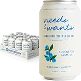 Needs &amp; Wants Sparkling Tea - Blueberry Jasmine, 10.5oz Cans (12 Pack) | Organic Superfruit Tea with Cascara, Blueberry &amp; Jasmine, Lightly Sweet with Floral Aroma, Natural Caffeine &amp; Low Calories