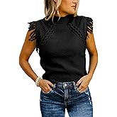 Saodimallsu Womens Sleeveless Sweater Vest Mock Neck Cable Knit Fringe Cap Sleeve Boho Trendy Pullover Tank Tops
