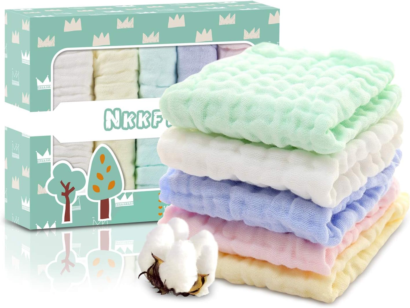 Nkkfrey Baby Muslin Washcloths and Towels –100% Premium Natural Cotton Baby Reusable Wipes - Soft Newborn Baby Face Towel and Muslin Washcloth for Sensitive Skin- Baby Registry as Shower Gift (5 Pack)