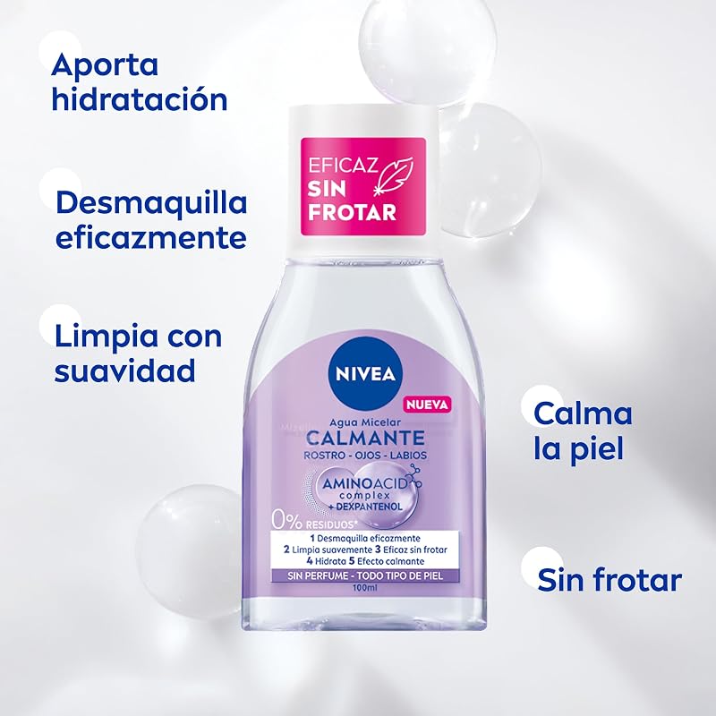 Agua Micelar Calmante Mini - Desmaquillante Facial - Con Dexpantenol - Desmaquillador Ojos, Rostro y Labios - Limpia Sin Frotar - Hidrata - Calmante - Todo Tipo de Piel - Pack de 12 x 100 ml