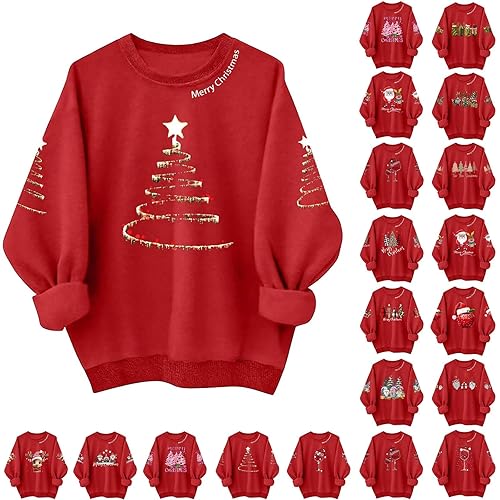 Ladies Christmas Jumpers Sweatshirts Women Xmas Shirt Christmas Tree Graphics Pullover Holiday Long Sleeve Tops Jumpers for Women UK Xmas Tops for Womens UK