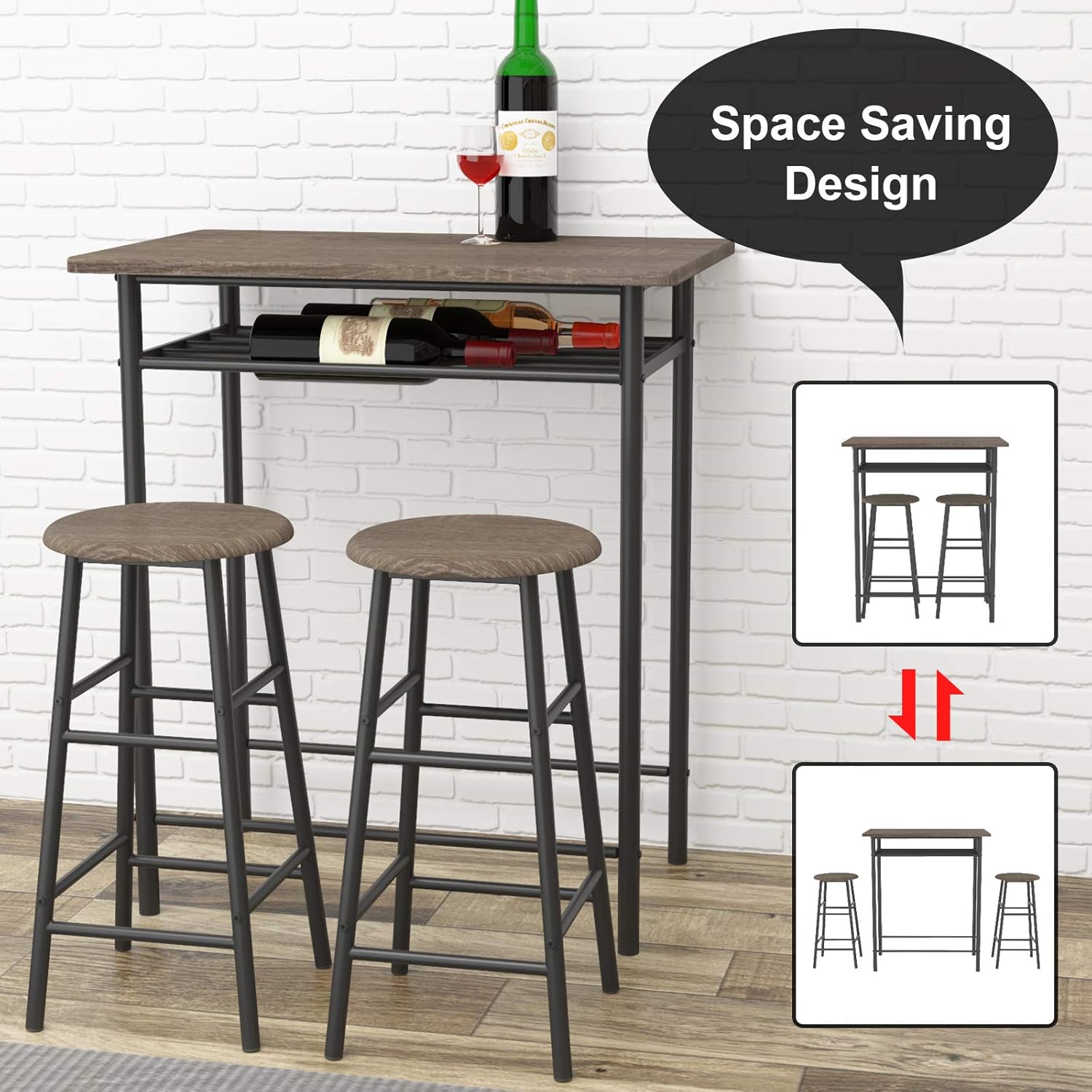 WeeHom 3 Pieces Bar Table Set, Modern Pub Table and Chairs Dining Set, Kitchen Counter Height Dining Table Set with 2 Bar Stools, Built in Storage Layer, Easy Assemble - Table & Chair Sets
